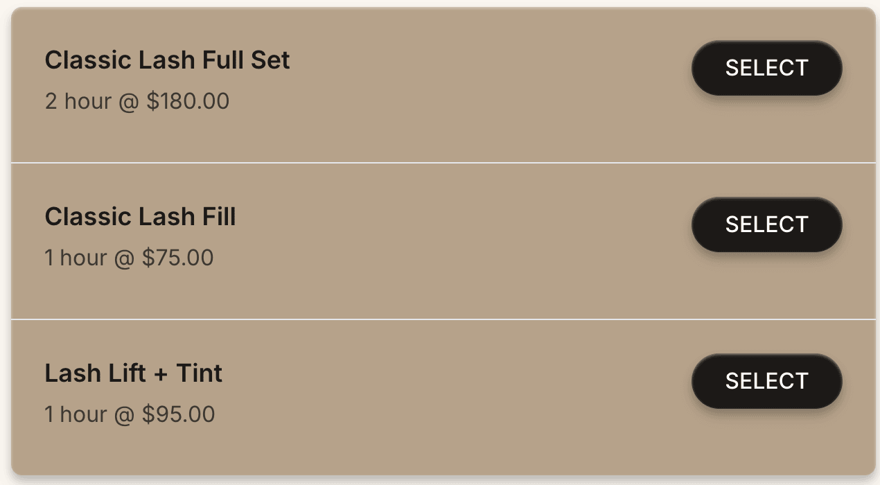 A warm-toned public booking page listing lash services with select buttons