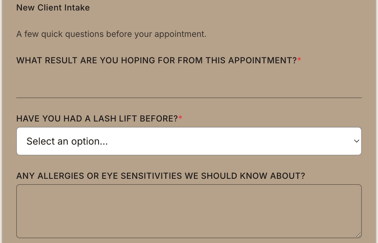 A client intake form with lash-service questions inside the booking flow